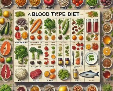 DALL·E 2024-12-11 13.03.54 – Create an image representing a blood type diet. The image should feature a clean wooden table with segmented sections displaying foods suited for diff Kan grubu diyeti