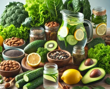 DALL·E 2024-12-11 13.05.40 – Create an image representing the alkaline diet. The image should display a wooden table with a variety of alkaline-promoting foods such as leafy green Alkali Diyet