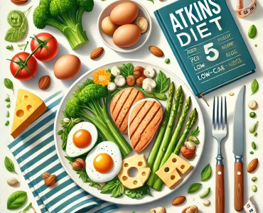 DALL·E 2024-12-11 13.09.56 – A visually appealing illustration representing the Atkins Diet. The image features a plate with protein-rich foods like grilled chicken, eggs, cheese, Atkins Diyeti