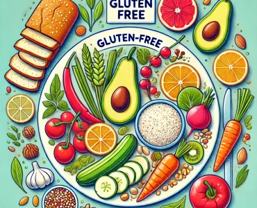 DALL·E 2024-12-11 13.11.28 – An illustration representing a gluten-free diet. The image features a clean plate filled with naturally gluten-free foods such as fresh vegetables, qu Glutensiz Diyet