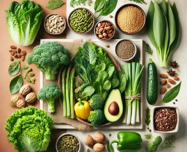 DALL·E 2024-12-11 13.17.08 – An aesthetically pleasing arrangement of plant-based food items, including fresh vegetables, leafy greens, nuts, seeds, and legumes. The items are dis bitki bazlı diyet