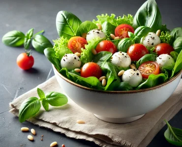 DALL·E 2024-12-18 02.53.26 – A fresh and colorful salad in a bowl, featuring leafy greens, cherry tomatoes, mozzarella balls, basil leaves, and sprinkled pine nuts. The background volumetrik diyet